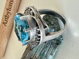 Meerblaues ArtDéco Bijou: Designer Silberring Markasiten G54