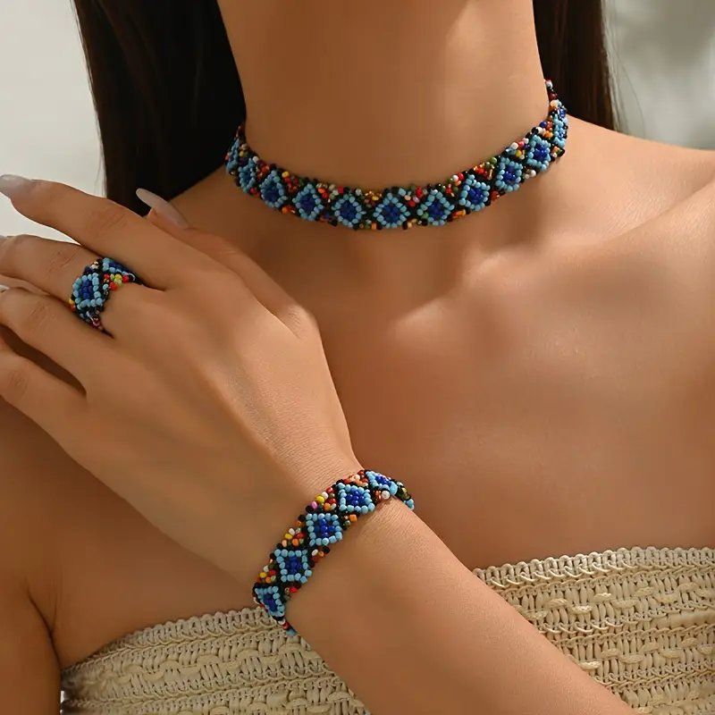 Sonstiger Schmuck: Handgemachtes Schmuckset mit blau-bunten Perlen – Neu und originalverpackt aus Glattbrugg von majuska01 1