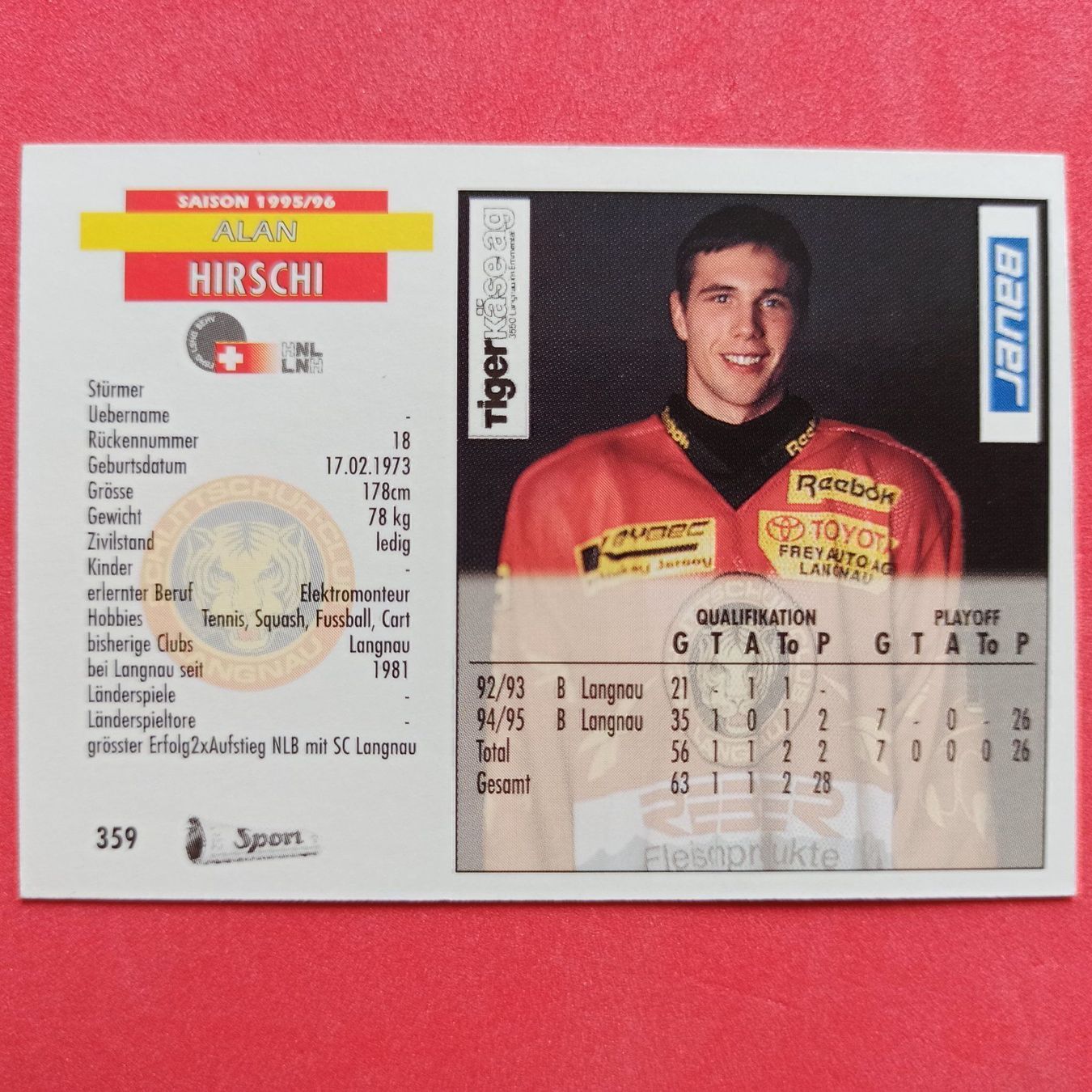 Carte collezionabili: Alan Hirschi - SC LANGNAU - 1995/96 – Usato da Dübendorf venduto da kb86_MOVIE 1