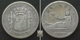 SPANIEN 2 Pesetas 1870 (70) SM-M Silber SELTENER JAHRGANG!