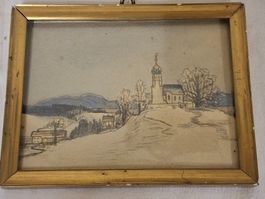 Antike Winterlandschaft Zeichnung mit Rahmen, Kirche.