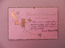 Karte Motiv Humor mit Schwein  Sau 1901 Glück Mond Kleeblatt