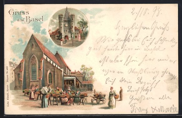 Cartoline postali: Litho Basel, Kirche mit Markt, Tor, 1898 – Usato da Berlin venduto da bartko-reher
