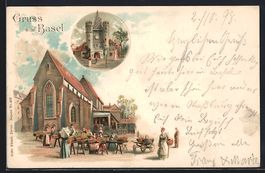 Litho Basel, Kirche mit Markt, Tor, 1898