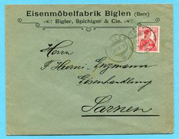 Brief von Biglen nach Sarnen 1910 - Abs: Eisenmöbelfabrik