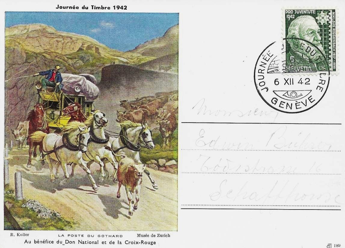 Cartoline postali: JOURNEE DU TIMBRE 1942 LA POSTE DU GOTHARD – Usato da Schlossrued venduto da Aronliam