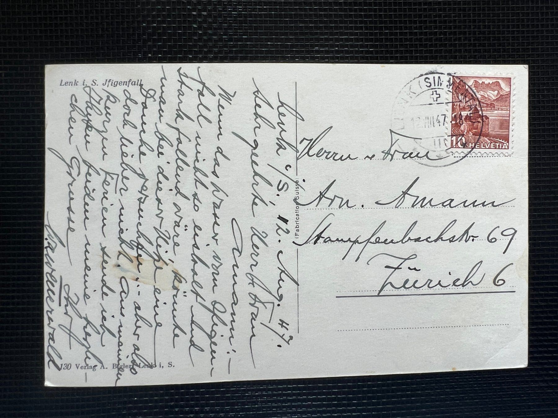 Cartoline postali: Ansichtskarte Lenk Jfigenfall 1947  (G75) – Usato da Hinwil venduto da Sidi4 1