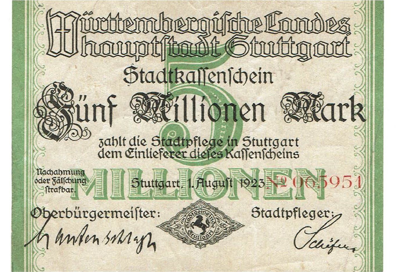 Banconote: Stuttgart 5 Mil.Mark 01.08.1923 VZ-VZ+ – Usato da Steffisburg venduto da ber_8htf