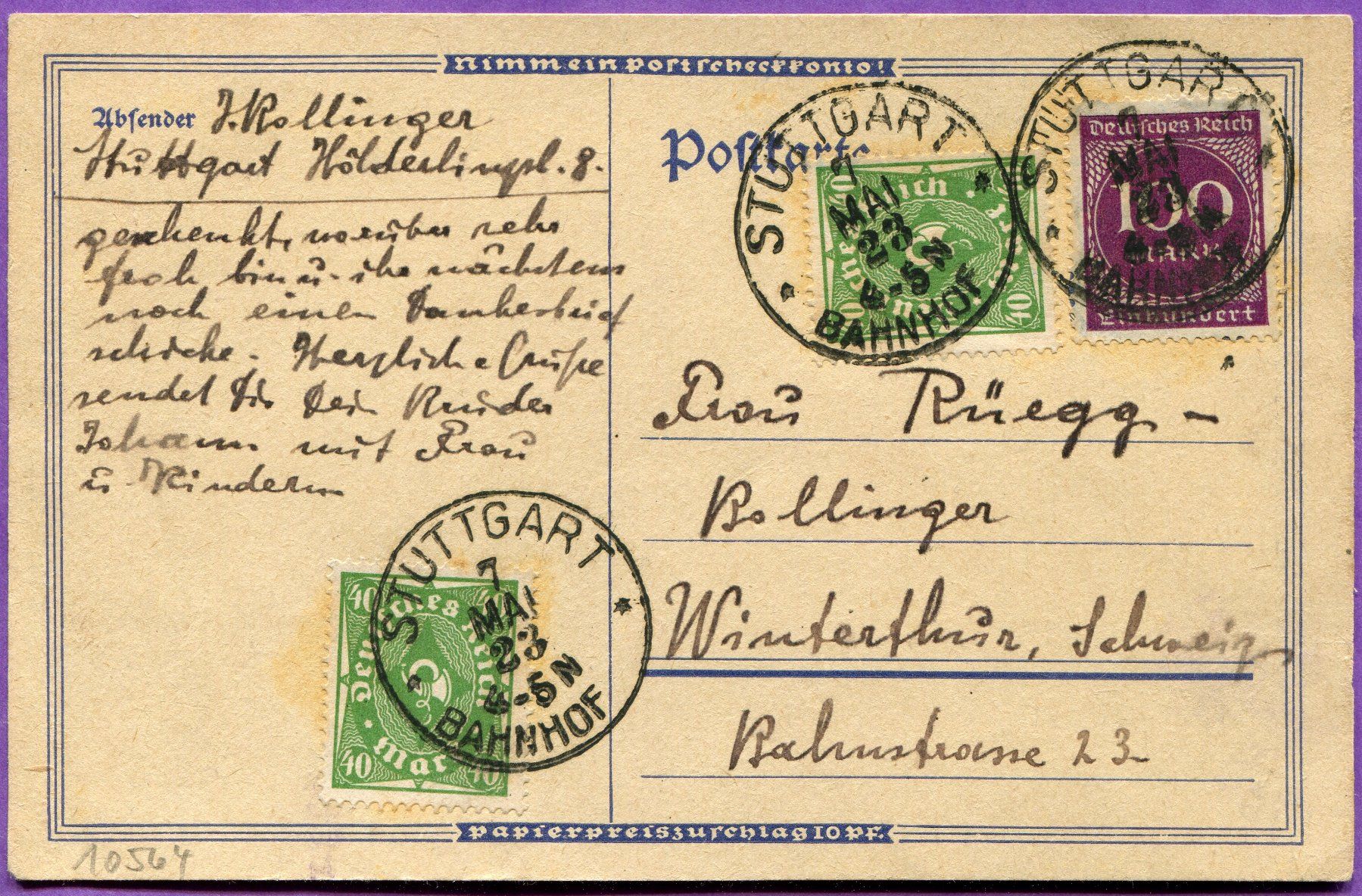 Tutti i francobolli: DR 1923 mai kleininfla Stuttgart - Winterthur – Usato da Zug venduto da pinundpuk