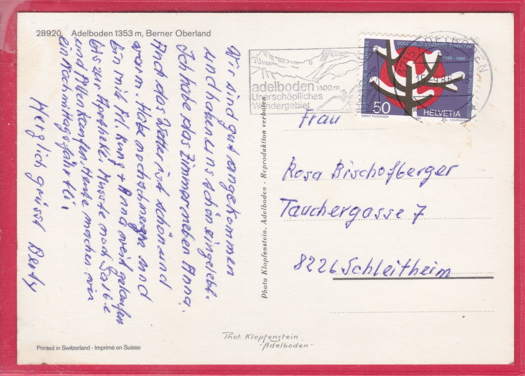 Ansichtskarten: ADELBODEN, 15.9.1986 – Gebraucht aus Oberrieden von Gebirgsstelze 1