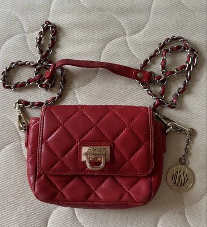 DKNY Quilted Handbag Red Leather Chain Strap Used