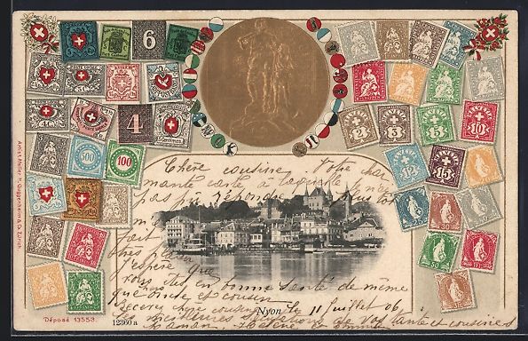 Cartoline postali: Nyon, Uferpartie, Tell-Denkmal mit Brief – Usato da Berlin venduto da bartko-reher