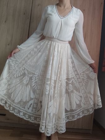 Cream Lace Midi Skirt Bohemian Vintage Summer Boho Festival