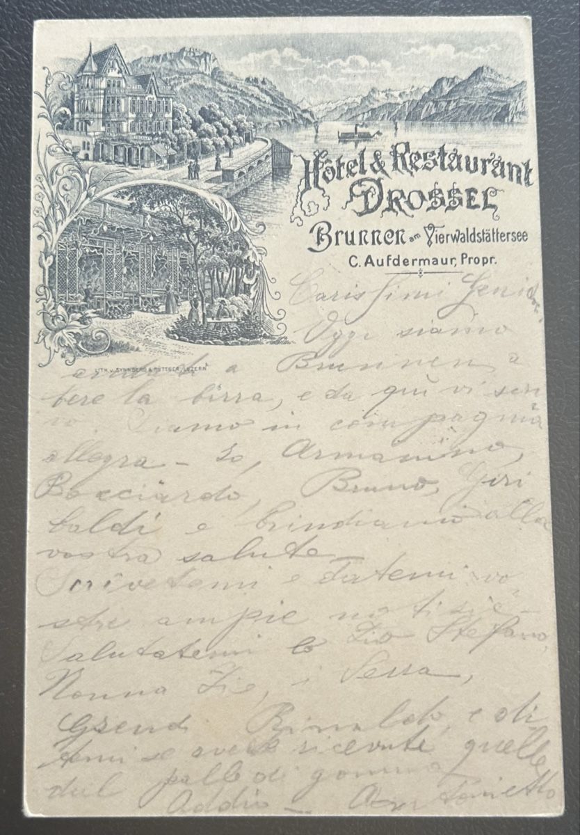 Cartoline postali: Brunnen Hotel Drossel Strichlitho  – Usato da Horw venduto da Tellbub