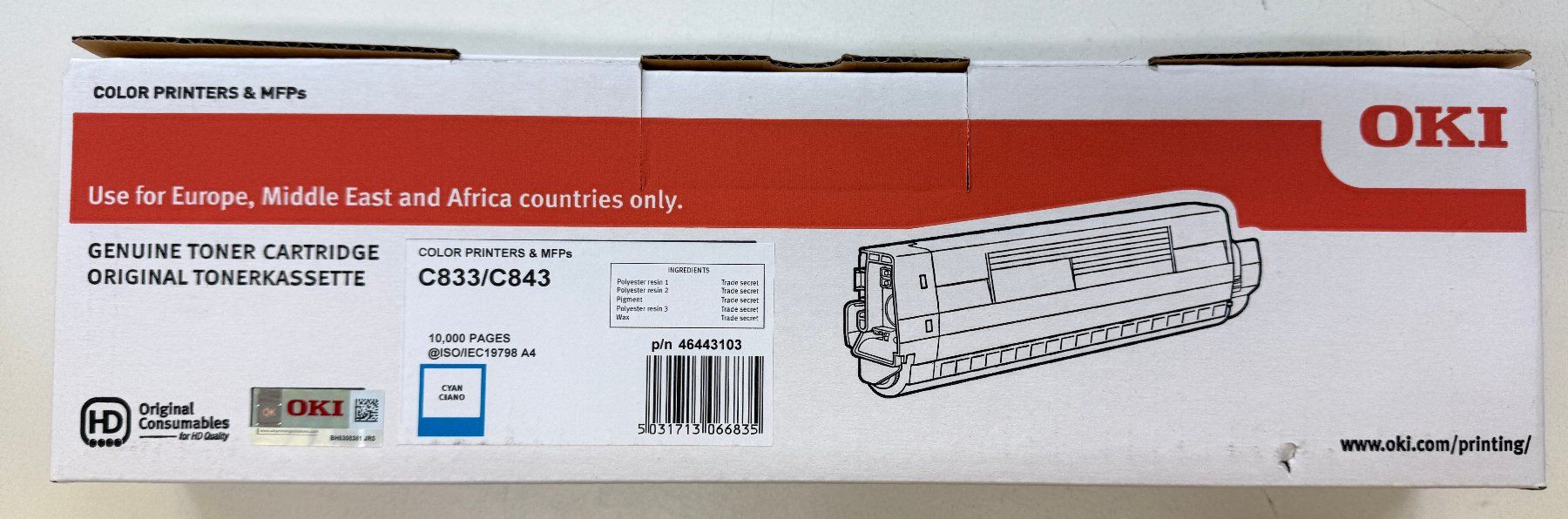 Oki Cartucce per stampanti & toner: OKI-Toner C833/C843 Cyan – Nuovo e nell'imballaggio originale da Kaltbrunn venduto da Aittam