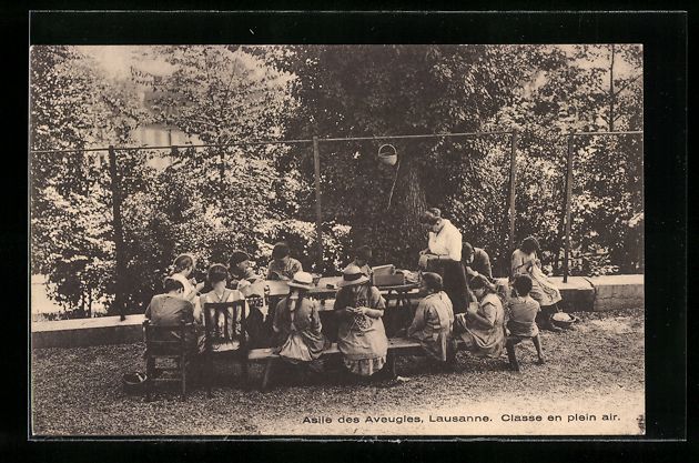 Cartoline postali: Lausanne, Asile des Aveugles, Classe en  – Usato da Berlin venduto da bartko-reher