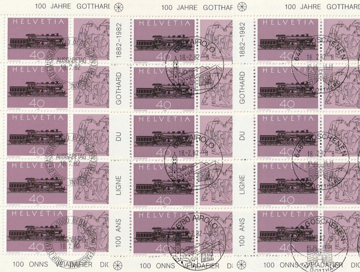 Alle Briefmarken: 100 Jahre Gotthard 1982, 3 Kleinbogen div. Sodersempel – Gebraucht aus Aarburg von Aare10