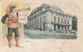 Briefkarte Theater Basel Stadt, Ansicht Soldat mit Trompe...