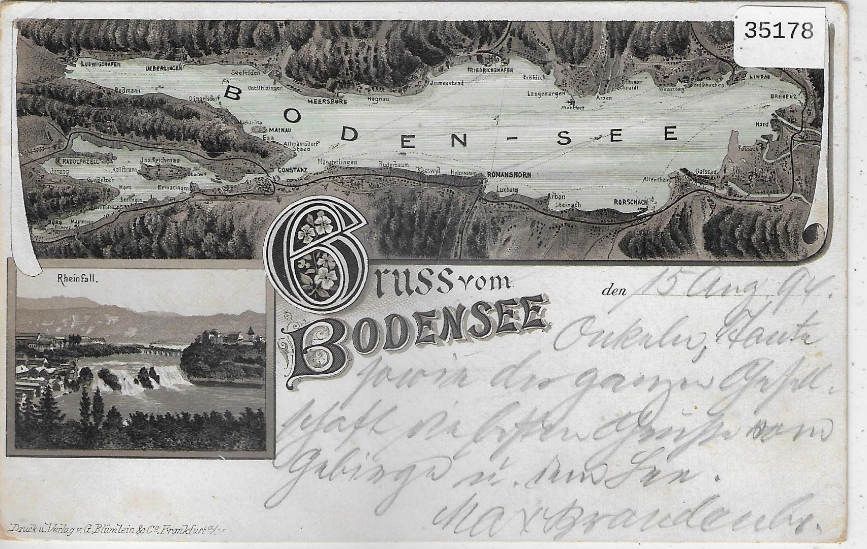 Cartoline postali: Gruss vom Bodensee - Rheinfall - Vorläufer Litho 1894 – Usato da Ettingen venduto da Kartenplanet