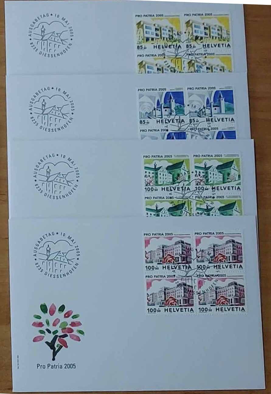 Tutti i francobolli: Fp2005  - 4 FDC Pro Patria 2005 bloc de quatre – Usato da Trélex venduto da Phil_Albert