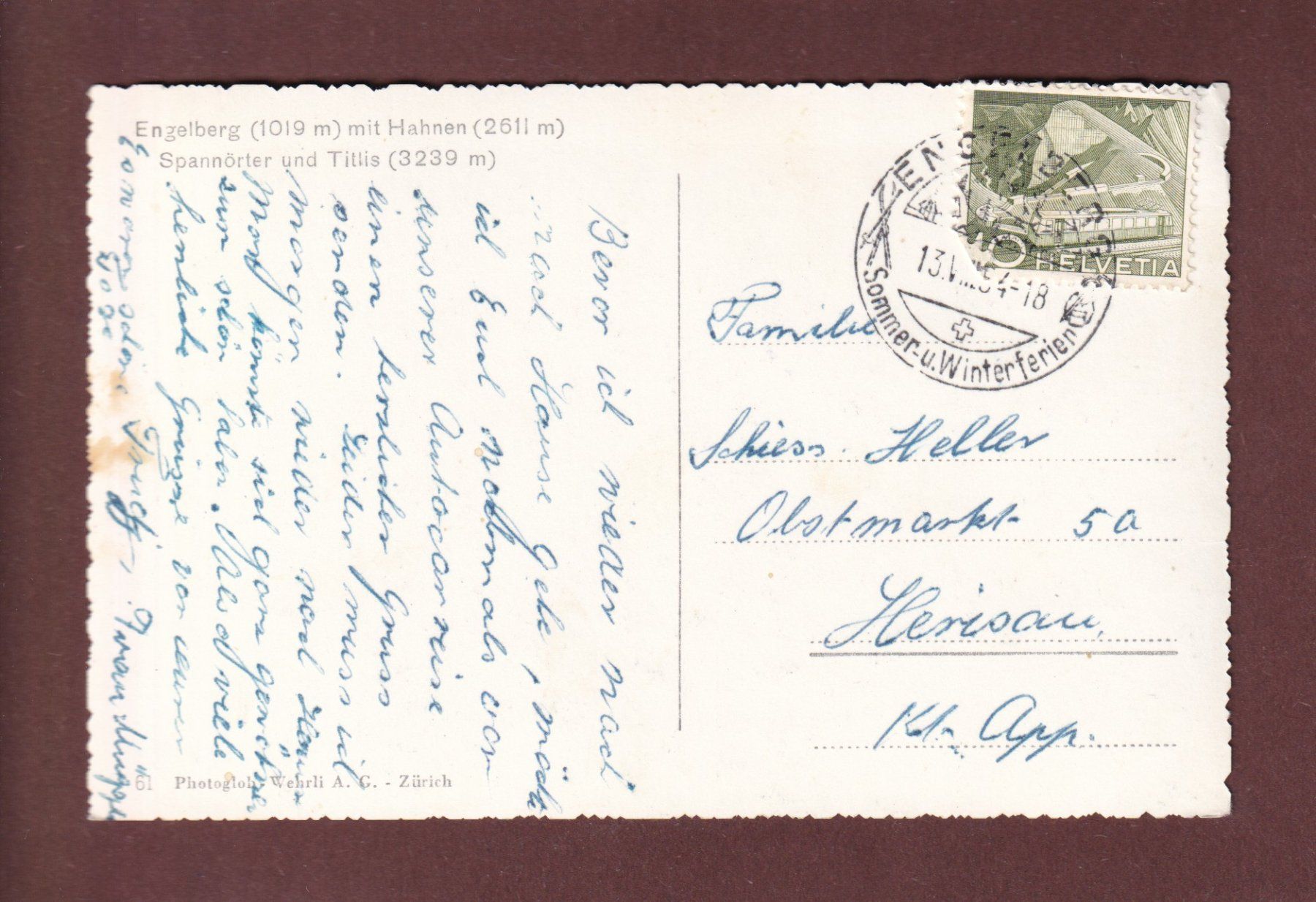 Cartoline postali: ENGELBERG - Hahnen - 1954 – Usato da Pully venduto da nicecards-shop 1