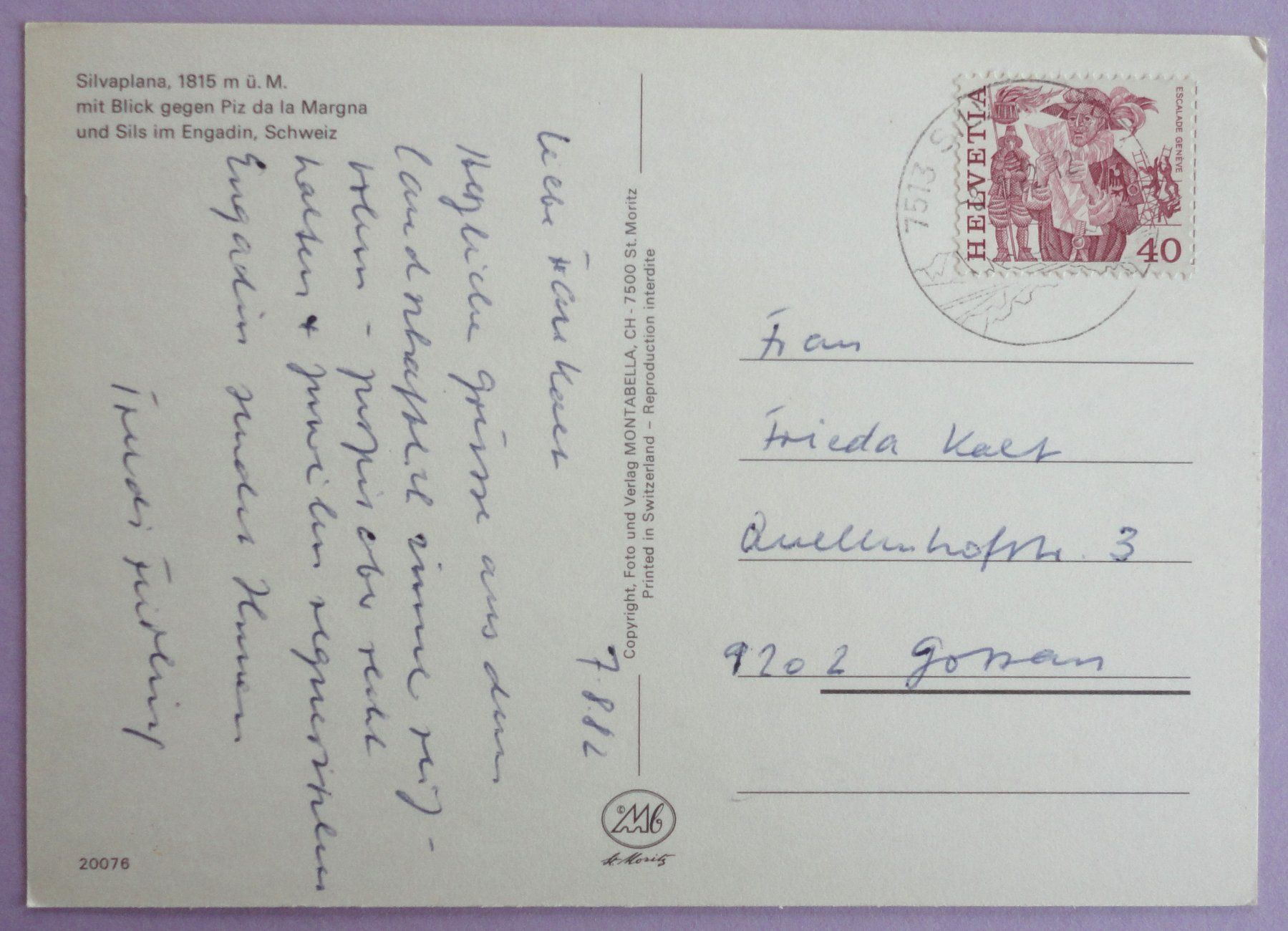 Cartes postales: Silvaplana 1815 m ü.M. – D'occasion à Fétigny par Billy2miny 1