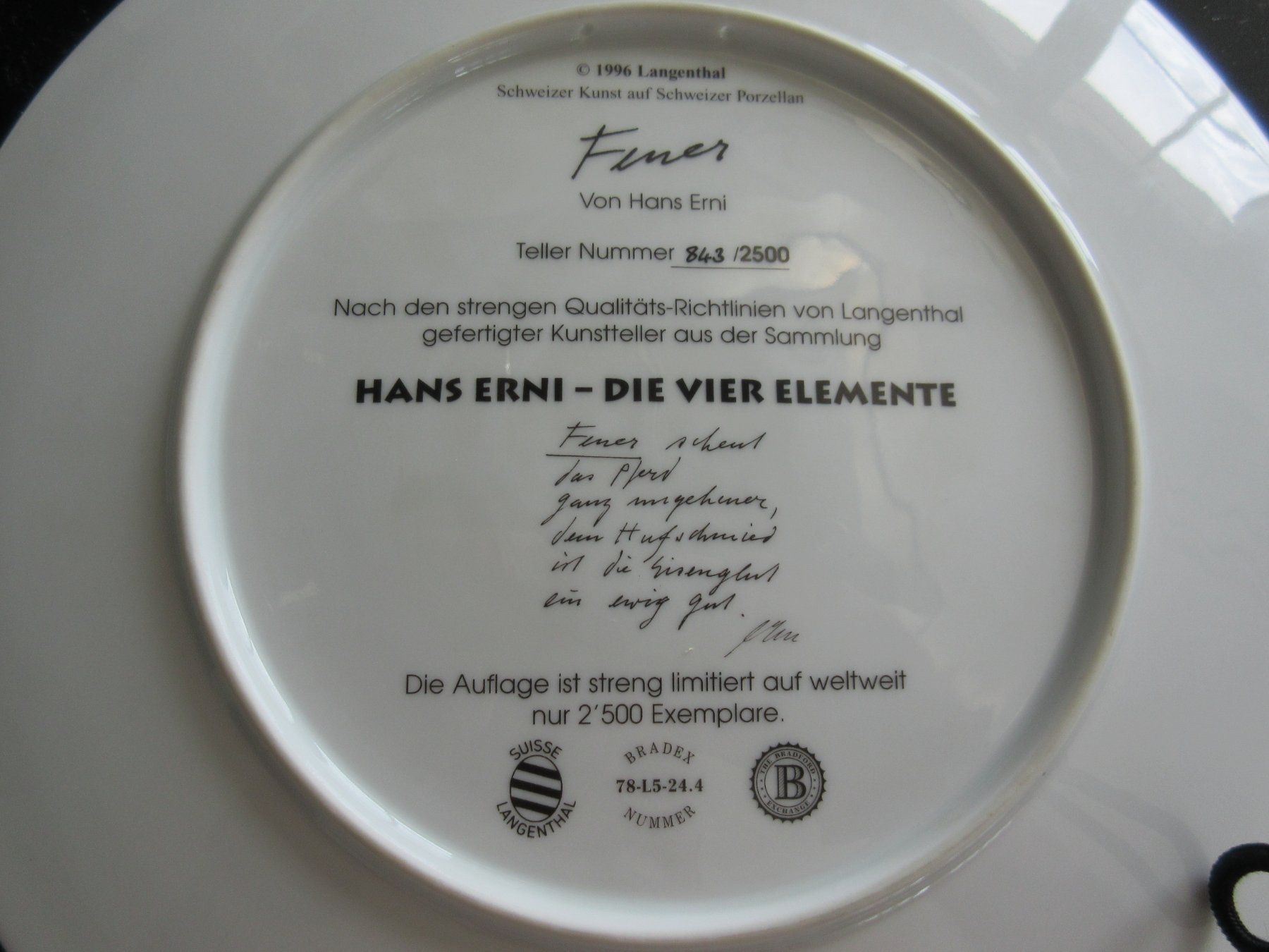 Teller: Hans Erni -Teller FEUER aus DIE 4 ELEMENTE  28 cm.Durchm. – Neu (gemäss Beschreibung) aus Weinfelden von Kunst2010 2