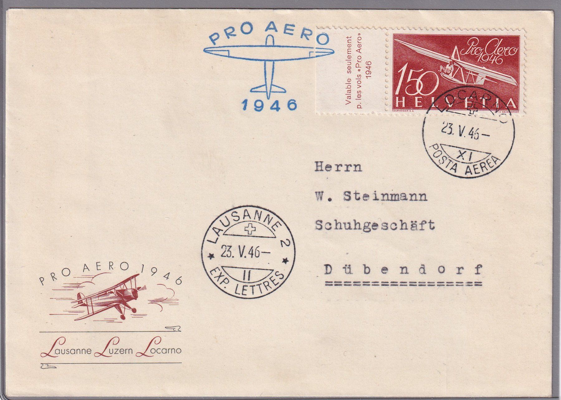 Tutti i francobolli: Pro Aero 1946 - Locarno - Posta Aerea - 23.5.1946 – Usato da Orvin venduto da Pyaeschli