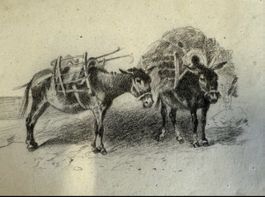 Antike Zeichnung von Eseln, signiert 1866, Rarität!