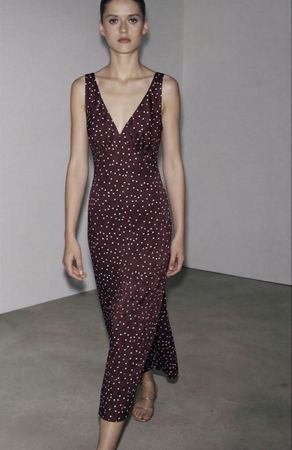 Kleid mit Polka-Dots, bordeauxrot, V-Ausschnitt, ärmellos, M