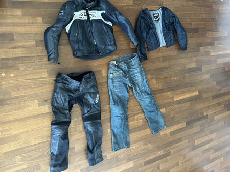 Motorradjacke und Hose aus Leder + Jeans Hose