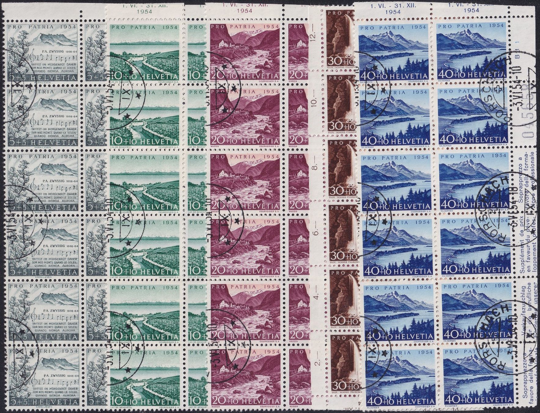 Tutti i francobolli: 1954, B66-B70: Rorschach, gestempelte 12er-Blocks Kat: 480.- – Usato da Sursee venduto da Luzernerraute