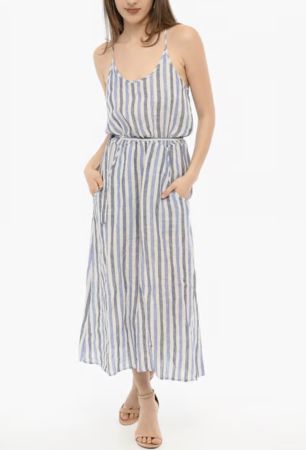 Woolrich Gestreiftes Maxikleid M Leinen Gürtel weiss blau