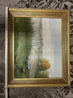 Ölgemälde auf Leinwand, Landschaft mit goldenem Rahmen