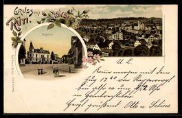 Lithographie Rüti, Straße am Dorfplatz, Totalansicht aus der