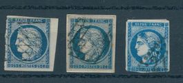 FRANKREICH, 2 x  25 c. (Nr. 4) und 1x 20 C. BORDEAUX AUSGABE