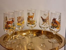 5 Vintage Jagdgläser Goldrand Wildtiere