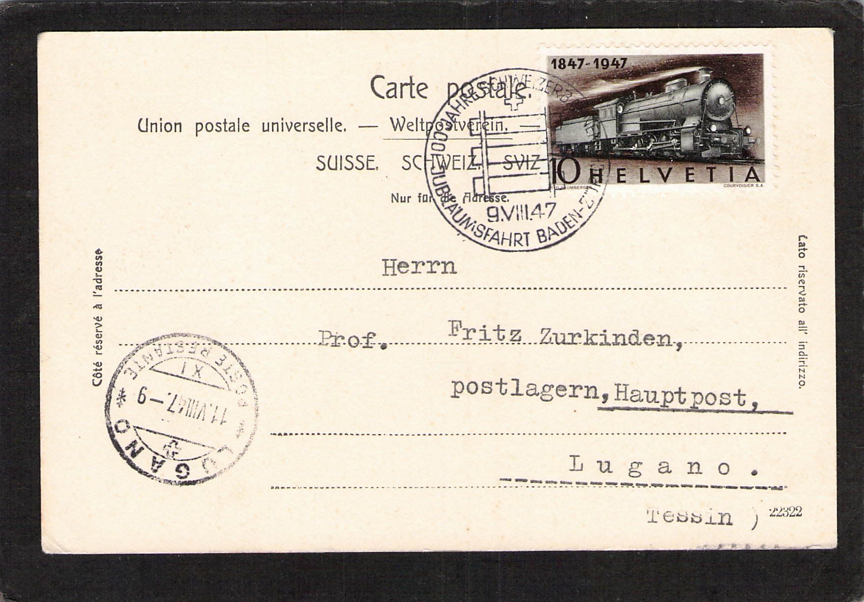 Cartoline postali: Gotthard - Express , Erstag 9.Vlll.47 Jubiläumsstempel – Usato da Reichenburg venduto da Pipo-67 1