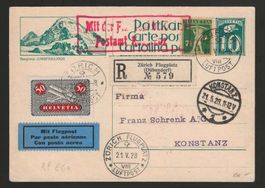1928 : Postkarte it Flug RF 28.11.EG , ZH - Konstanz
