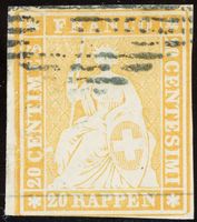 1854: Strubel 20 Rp. orange, 1. Berner Druck, SBK Nr. 25B1