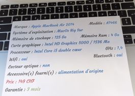 Apple MacBook Air 2014 (A1466) - MacOS Big Sur, 125 Go