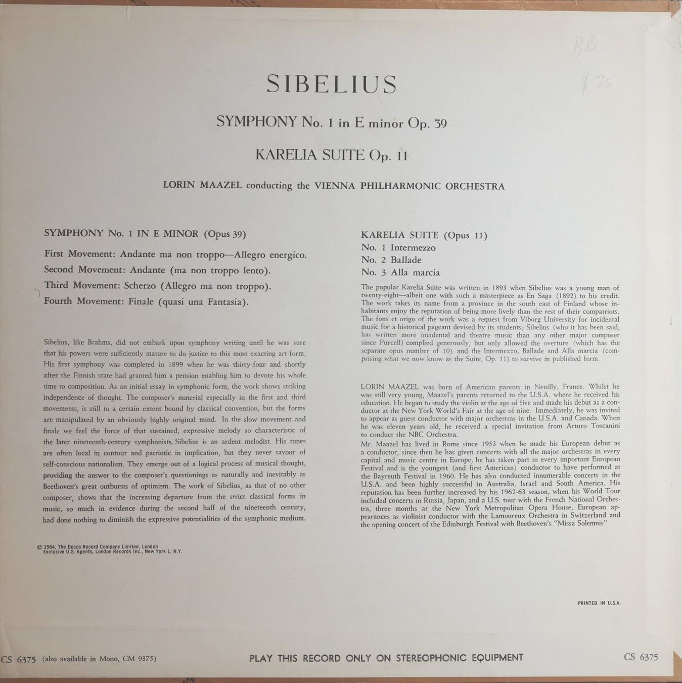Dischi in vinile: London CS 6375 / Sibelius / Symphony No. 1 – Usato da Brunnen venduto da Techfreak1 1