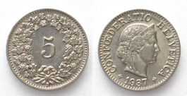 EIDGENOSSENSCHAFT 5 Rappen 1937 Nickel ERHALTUNG! unz
