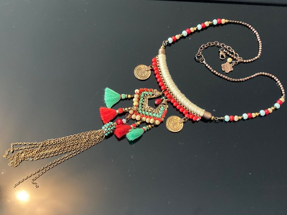 Collier Art Déco Doré Avec Cabochons Turquoise - Style Opaline Rare