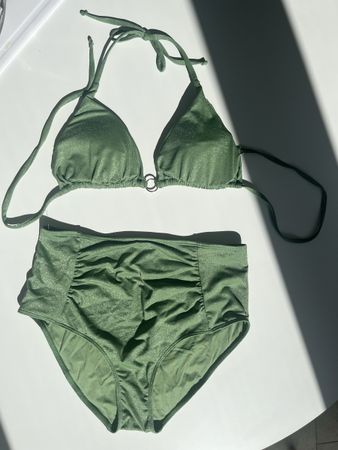 Olivgrüner Glitzer Bikini, High Waist, Grösse S