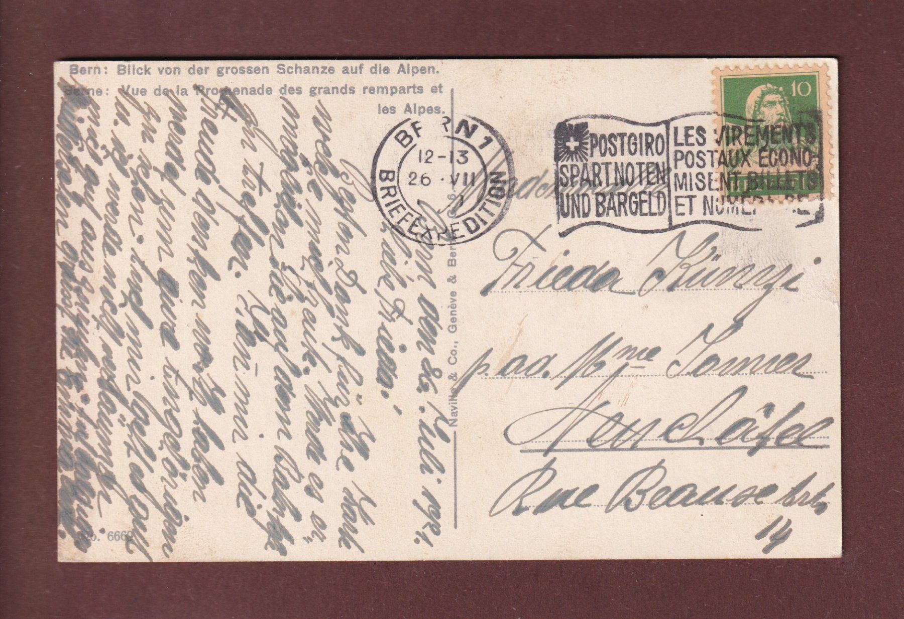 Cartoline postali: BERN - Blick von der grossen Schanze - 1921 – Usato da Pully venduto da nicecards 1