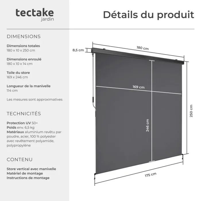 Tende da sole: Store vertical extérieur gris tectake 180x250cm neuf – Nuovo e nell'imballaggio originale da Collombey venduto da lon_m7qd 5