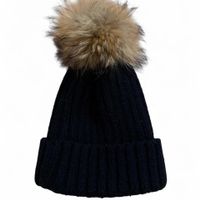 Black beanie hat with removable faux fur pom pom
