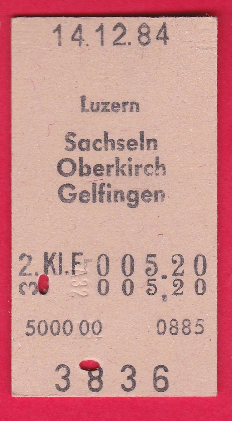 Biglietti: KARTON BILLETT, LUZERN - GELFINGEN, 2.KLASSE, EINFACH, 1984 – Usato da Oberrieden venduto da Gebirgsstelze