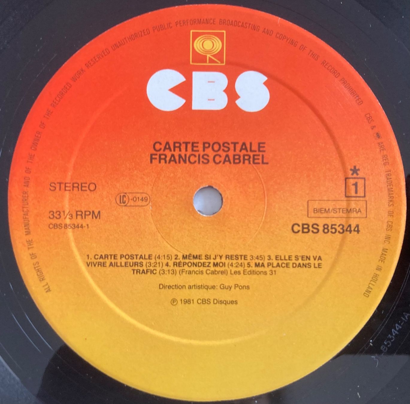 Schallplatten: FRANCIS CABREL - CARTE POSTALE – Gebraucht aus Poliez-Pittet von Newtown-Records 3